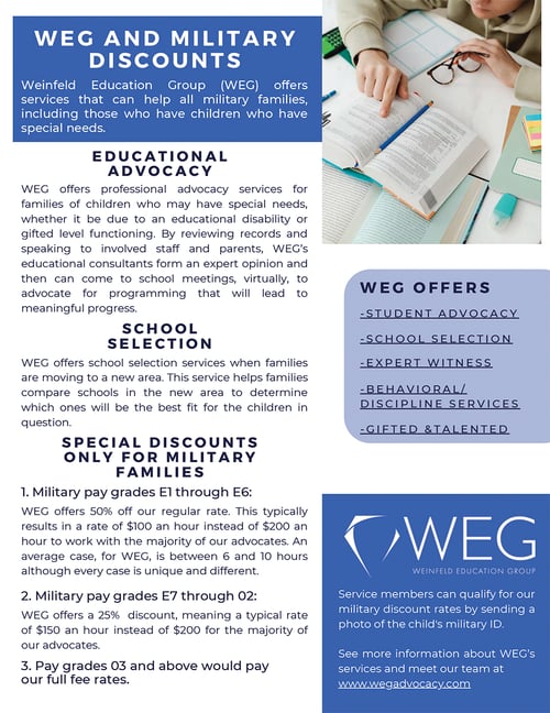 Thumbnail: Weinfeld Education Group's informational .pdf on their offered military family discounts
